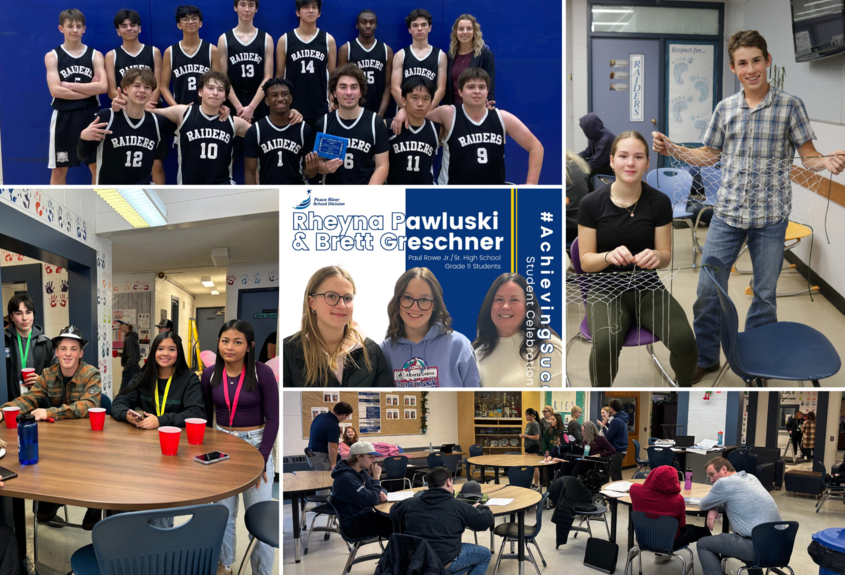 A collage of images representing Paul Rowe Jr./Sr. High School. Five pictures representing student achievement academically, artwork, a volleyball team, a staff photo and attendance achievers.